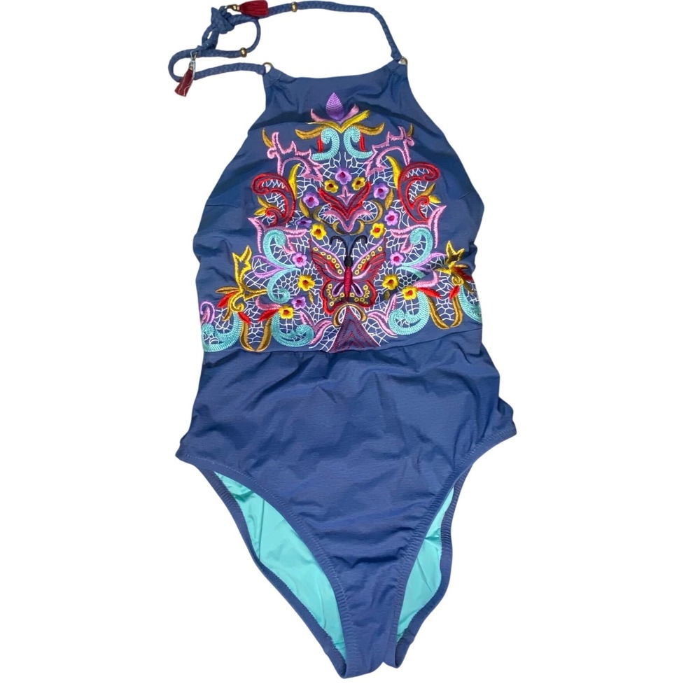 Nanette Lepore Blue Embroidered Butterfly Halter One Piece Swimsuit Sz S NL8CC12